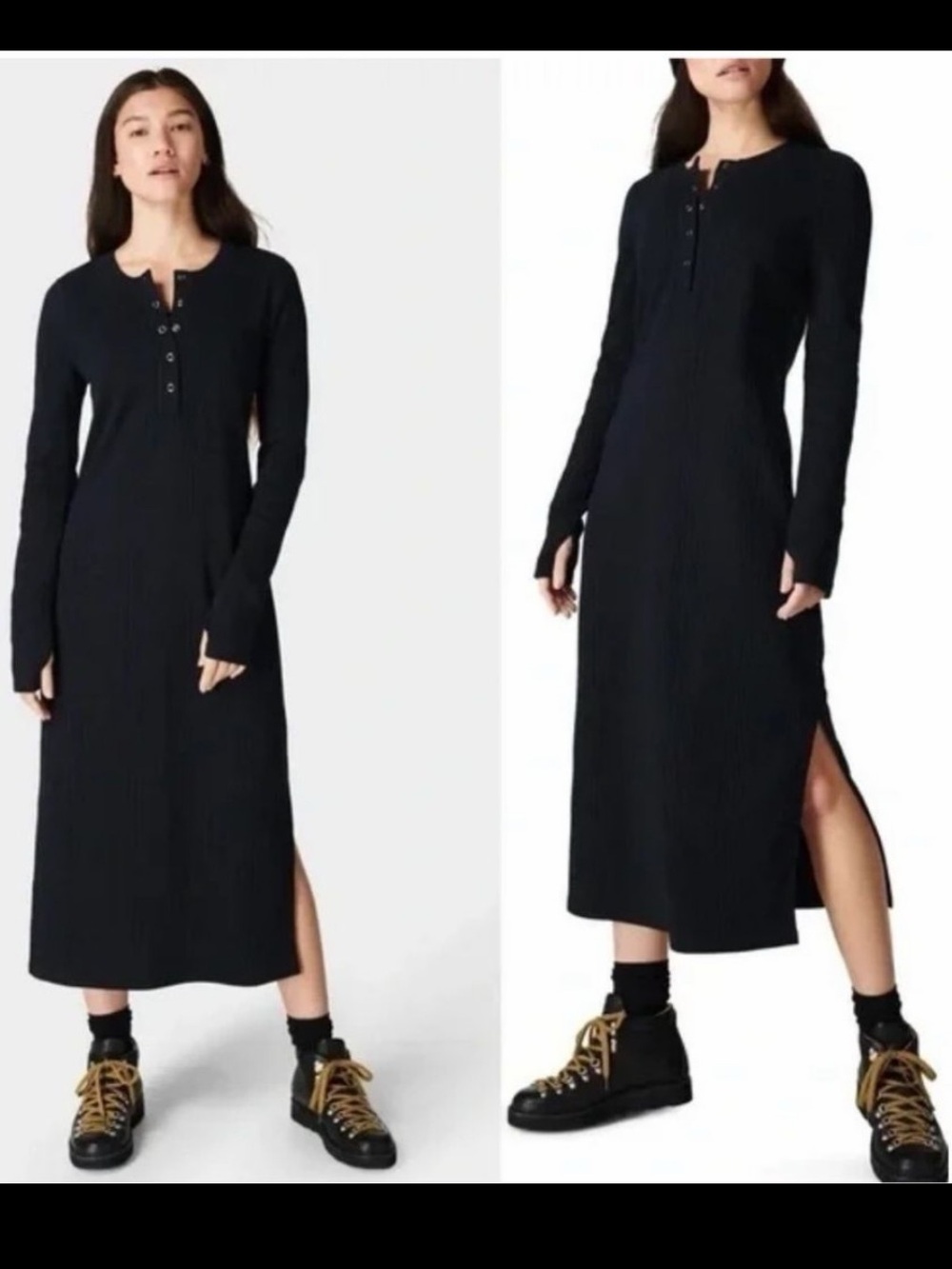 Sweaty Betty Black Ribbed Long-Sleeve Henley Midi Dress